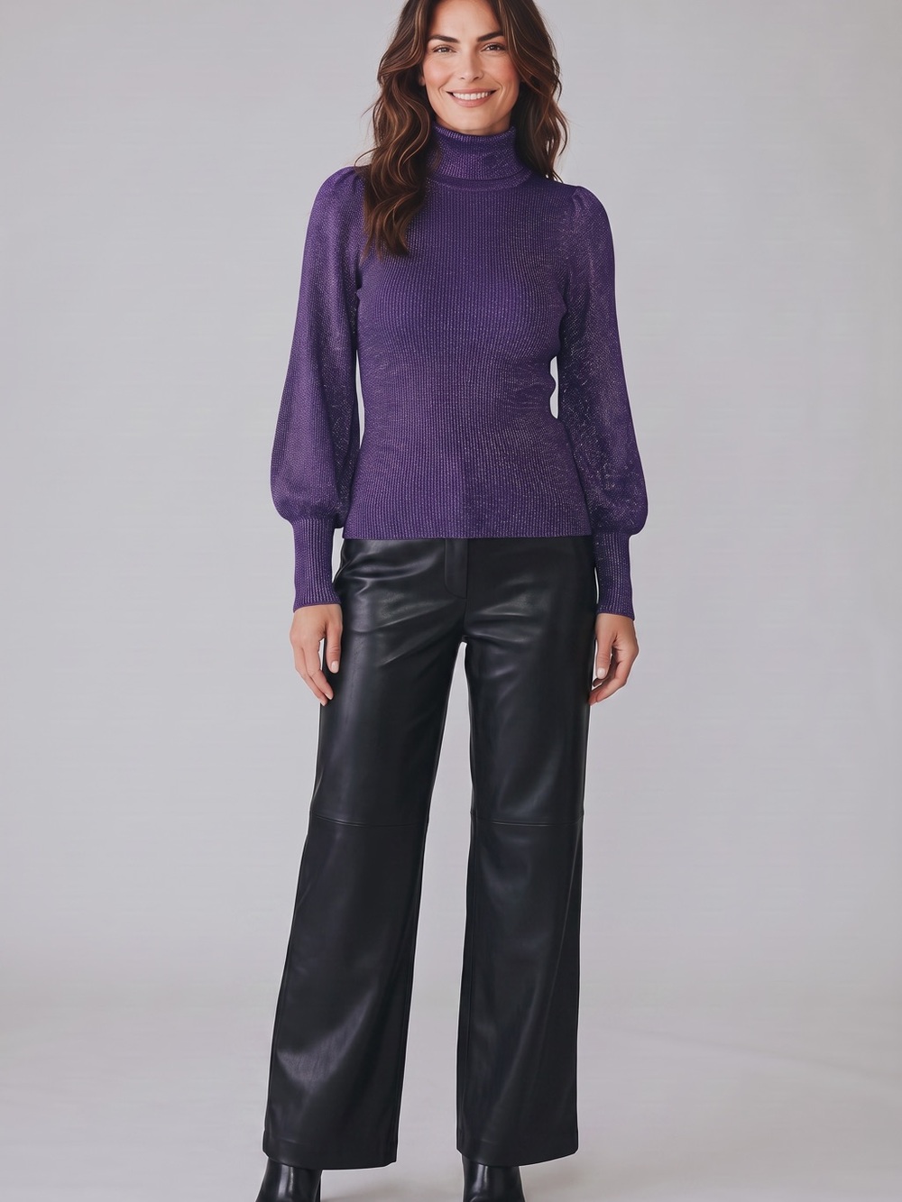 Ann Taylor Purple Puff-Sleeve Turtleneck sparkling Sweater